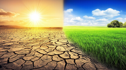 Climate change impact drought vs. Lush greens environmental contrast global landscape natural world perspective