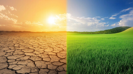 Contrasting climate change effects drought and fertility nature photo landscape split view environmental awareness