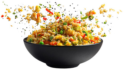 Delicious Plate of Fried Rice with Egg, Chicken and Vegetables Isolated on a Transparent Background