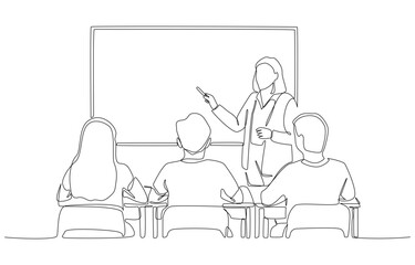 Continuous one line drawing of female teacher teaching students in classroom, single line art