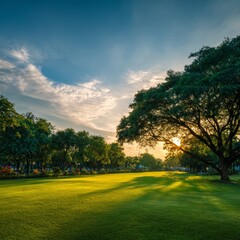 Obraz premium A radiant park landscape bathed in warm sunlight, with vibrant green grass, majestic trees, and a captivating sky. 