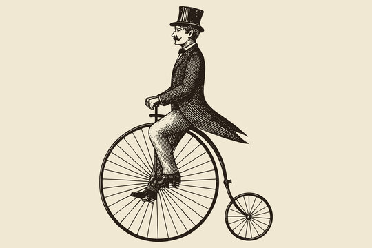 Penny farthing rider vintage engraving vector illustration