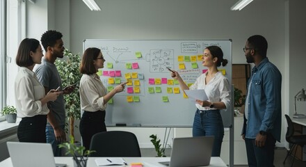 Creative Team Brainstorming with Sticky Notes on Whiteboard in Bright Modern Office