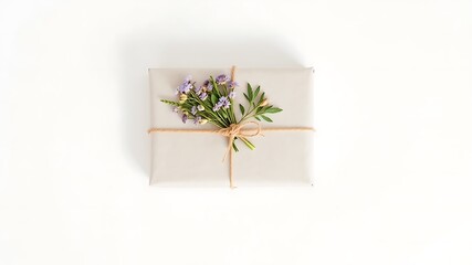 A simple rectangular gift wrapped in light brown paper adorned with a delicate bouquet of small purple flowers and twine