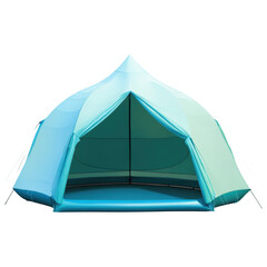 Spacious blue camping tent with open entrance on gradient background
