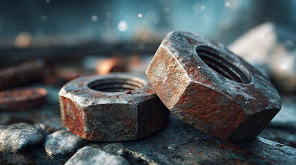 Close up of two rusted nuts on a metallic surface outdoors.