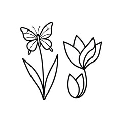 Simple black and white floral butterfly line art illustration for spring designs and decorative purposes