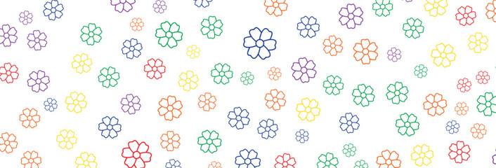 Vibrant pattern of outlined flowers in red, orange, yellow, green, blue, and purple scattered on a clean white backdrop creates a cheerful and playful visual ideal for springtime designs