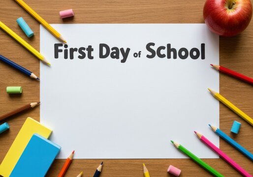 First day of school sign with colorful stationery and apple. Back to School