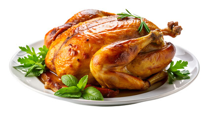 Whole roasted chicken on a plate isolated on a white background