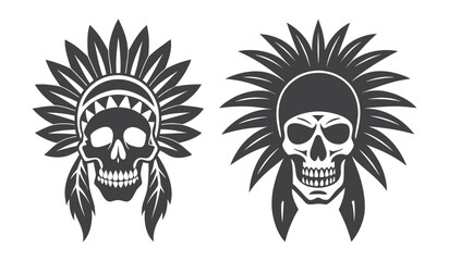 Human Skull in Native American Inspired War Bonnet Wearing Feathered Headdress Silhouette Illustration