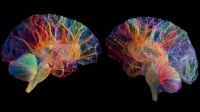 Two colorful coronal views of the human brain are being shown, highlighting the impact of neurotechnology on brain activity
