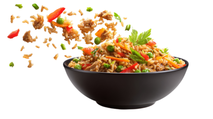 Delicious Plate of Fried Rice with Egg, Chicken and Vegetables Isolated on a Transparent Background