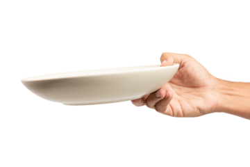 Male hand holding a beige dish plate isolated no background cutout