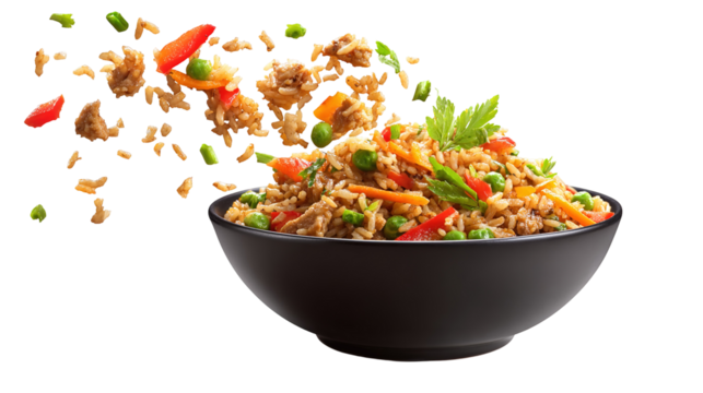 Delicious Plate of Fried Rice with Egg, Chicken and Vegetables Isolated on a Transparent Background