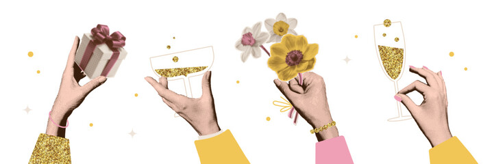 Happy birthday party Collage with halftone female hands holding gift box with bow, glass of champagne, flower bouquet. Elegant vintage concept foe banners and cards with shining golden glitter. Vector