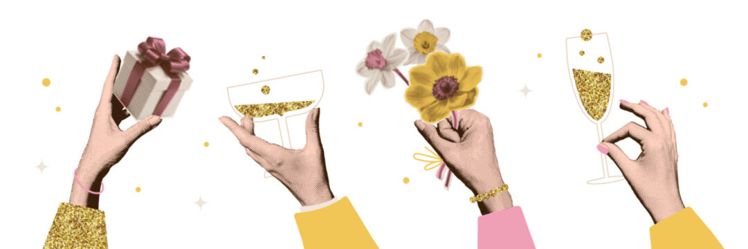Happy birthday party Collage with halftone female hands holding gift box with bow, glass of champagne, flower bouquet. Elegant vintage concept foe banners and cards with shining golden glitter. Vector