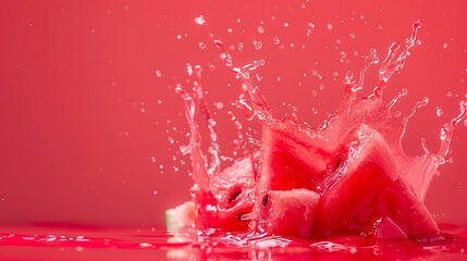 A vibrant splash of watermelon juice creating arcs against a solid red background.