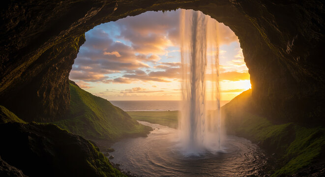 Waterfall Crash Scene with Stunning Texture in a Vibrant Yellow Background, Biola River, Serene Landscape Viewpoint at Sunset