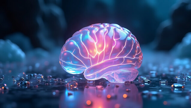 Abstract glowing human brain with intricate neural pathways illuminated by vibrant neon lights and surrounded by shimmering water droplets