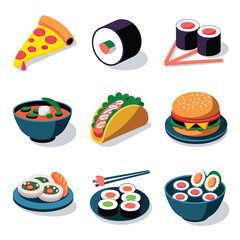 vector icons cooking food chef hat include a pizza slice, a sushi roll, spaghetti and meatballs, a curry bowl burger , fish 
