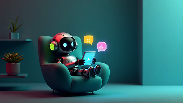 Cute friendly robot sitting in a comfortable chair using a tablet with social media icons floating above