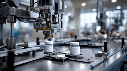 Automated industrial machinery capping jars on a production line Two unlabeled jars are visible
