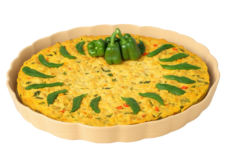 Vegan Frittata with Tofu A hearty frittata made from crumbled tofu, sauteed vegetables like spinach, bell peppers, and onions,
