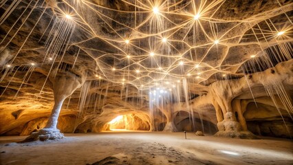 Enchanting cave interior illuminated by a network of glowing lights and hanging strands