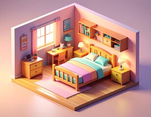 3D Isometric Render of Cozy Bedroom Interior