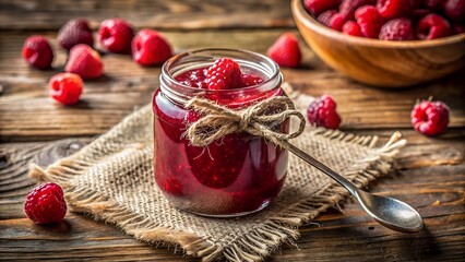 Homemade raspberry jam in a glass jar tied with twine on a rustic wooden table
