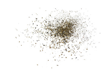 Ground black pepper powder isolated on transparent white background, pile of pepper powder scattered. Food, cooking design elements. top view, PNG