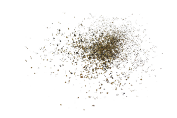 Ground black pepper powder isolated on transparent white background, pile of pepper powder scattered. Food, cooking design elements. top view, PNG