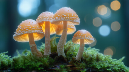 Fototapeta premium Beautiful pile of light mushrooms on a wood texture background with space for text.