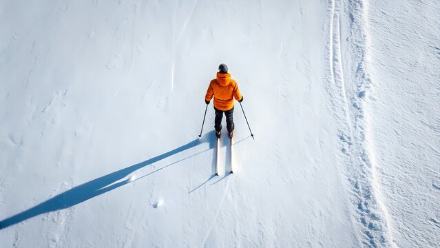 Aerial view of a lone skier in an orange jacket on a vast snowy slope - Powered by Adobe