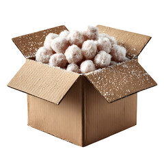Open cardboard box with packing peanuts, isolated on transparent background