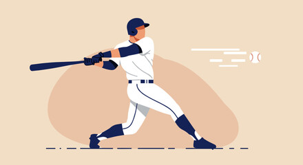 A baseball player in a white uniform swings a bat with power during a game, captured in a dynamic flat illustration style on a neutral background.