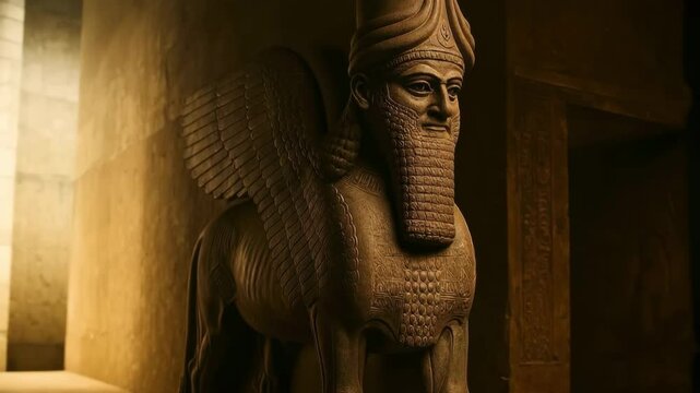 Mesopotamian Lamassu Statue Slow Orbit Cinematic Lighting Live Action
