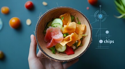 Hand Holding a Healthy Poke Bowl with a Futuristic Nutritional Analysis Overlay.