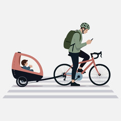 Fototapeta premium Man with Backpack Riding Bicycle Pulling Child in Pink Trailer on Crosswalk vector