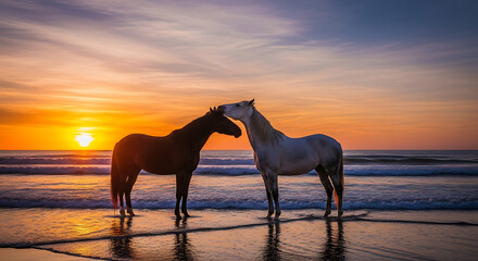 Two Horses Embracing at Sunset on a Serene Beach