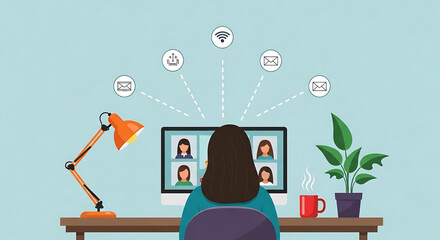 Woman in Teal Blouse Participating in Online Video Conference