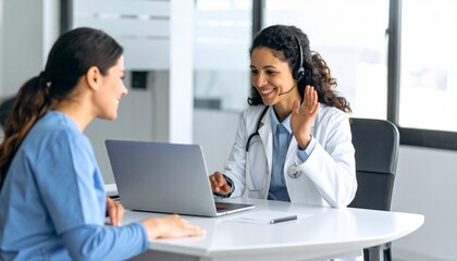 Fototapeta premium A Hispanic Latin female doctor conducts an online video call to consult with a patient on a laptop. A young medical assistant, also a woman, serves as a therapist via videoconferencing to a web camera