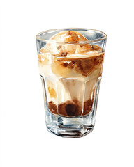 frozen coffee with icecream in clear glass watercolor illustration on white