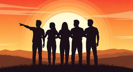 Silhouetted Group of People Standing Together at Sunset, One Pointing Forward