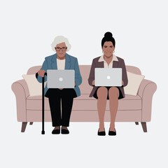 Fototapeta premium Two Women Sitting Sofa Laptops Beige Couch Senior Woman Cane elderly