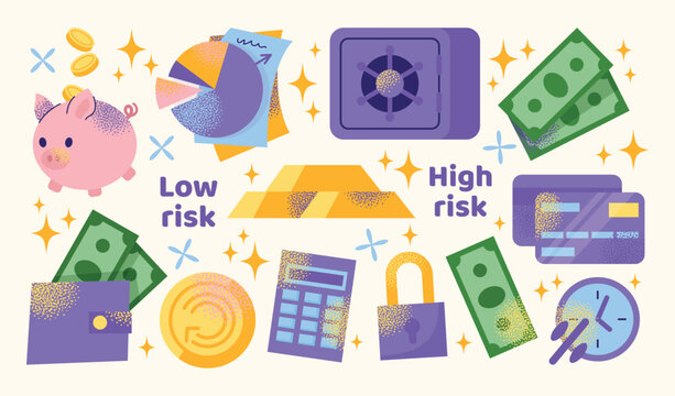 Financial investment and savings set concept with piggy bank, credit cards, gold bars, cash, pie chart, calculator and safe. Flat vector illustration Budgeting and money management concept