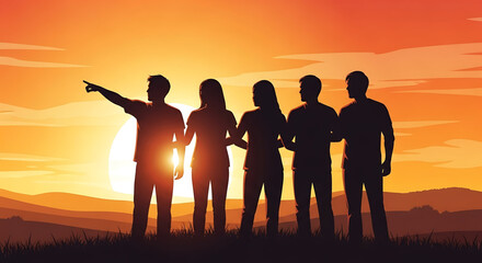 Silhouetted Group of Friends at Sunset, Man Pointing, Casual Attire