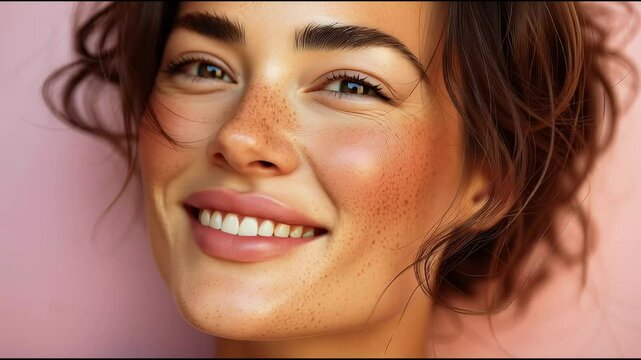 Beautiful female with radiant and healthy skin, wearing a light pink violet purpul background.