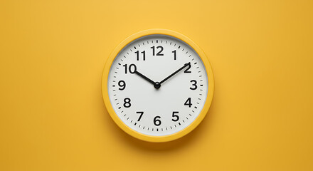 Yellow Clock Telling Time: 10:10 - Watch on Yellow Background, Timeless Decor & Concept, Mockup Image, Wall Clock